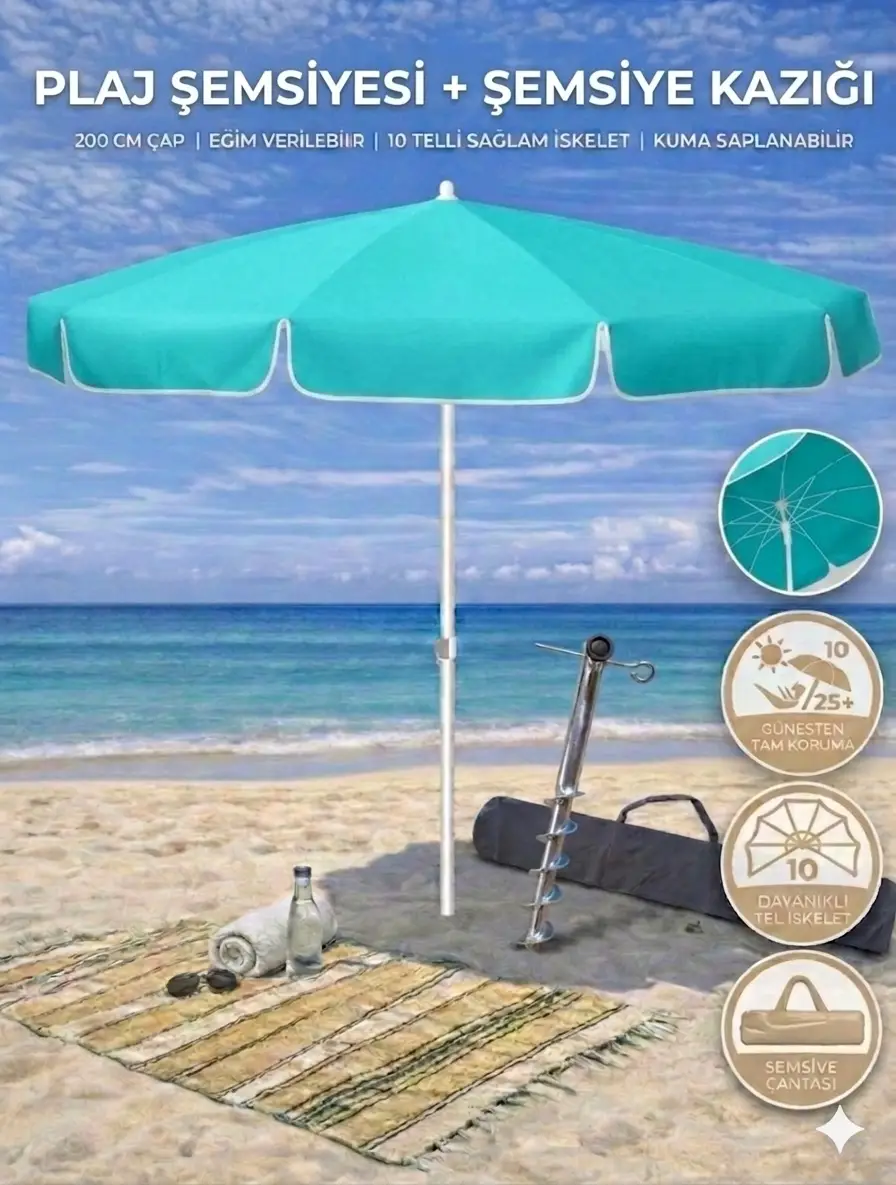 Form Outdoor Plaj Şemsiyesi + Şemsiye Kazığı + Taşıma Çantası Hediyeli Turkuaz 