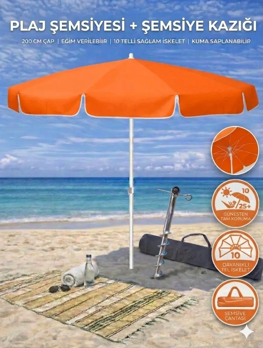 Form Outdoor Plaj Şemsiyesi + Şemsiye Kazığı + Taşıma Çantası Hediyeli Turuncu 